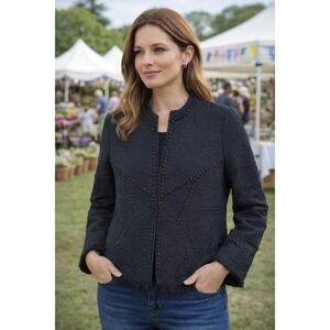 Lacey Chabert Embroidered Novelty Jacket with Fringe Hem black